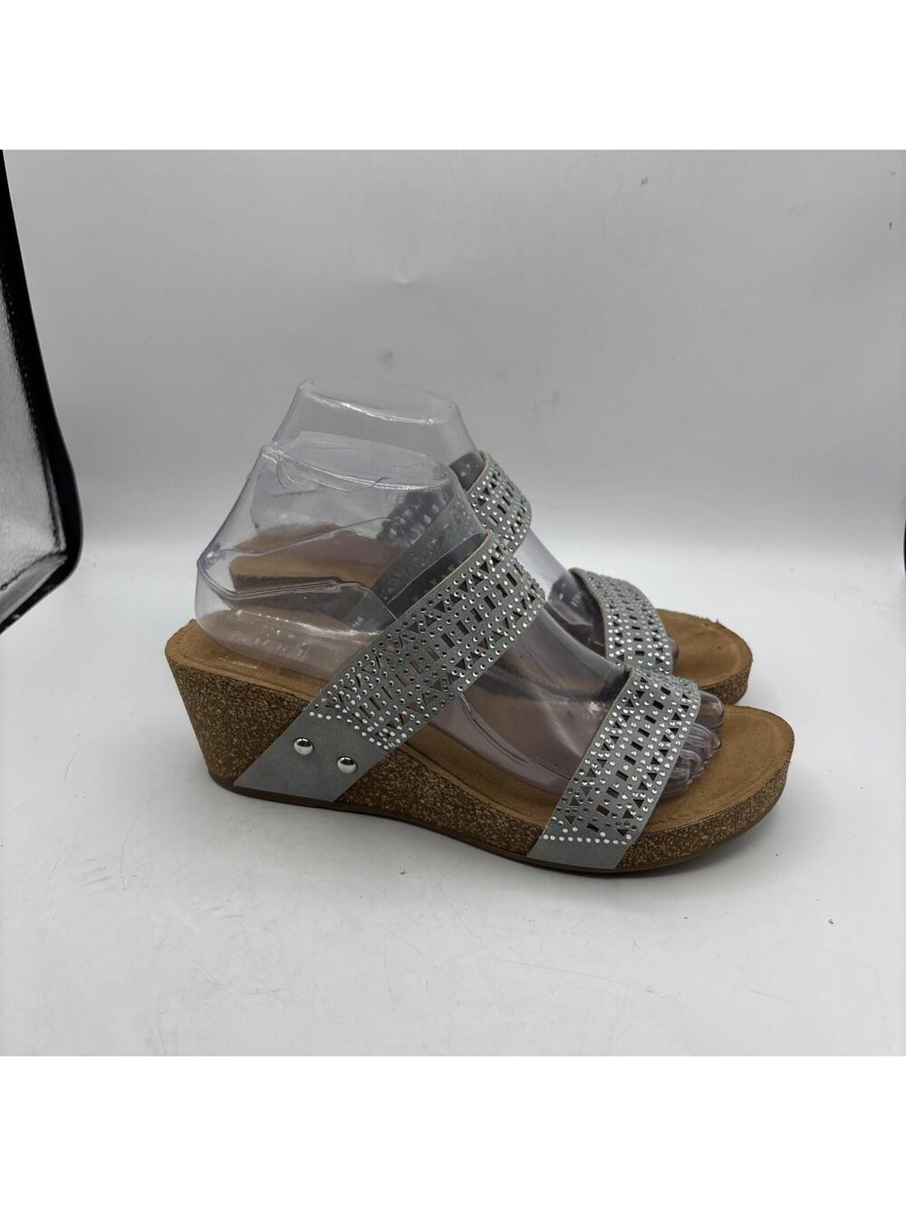 Annie Comfort Women's gray Faux Leather 9 W Rhinestones Wedge Slide Sandals